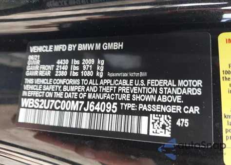 2021 BMW M2 Competition from USA, damaged, VIN WBS2U7C00M7J64095